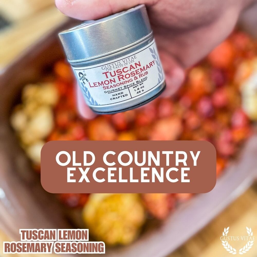 Gustus Vitae Tuscan Lemon Rosemary Seasoning jar, featuring herbs and lemon zest for gourmet seasoning.