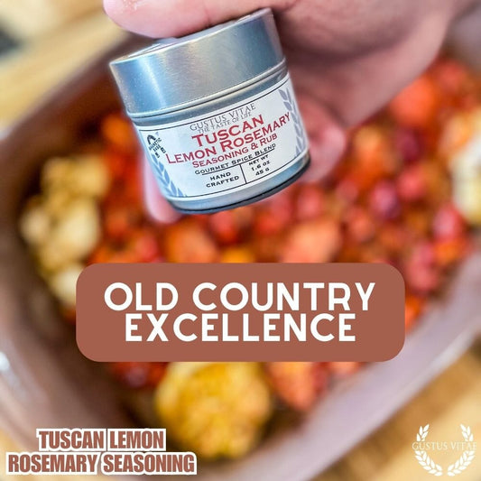 Gustus Vitae Tuscan Lemon Rosemary Seasoning jar, featuring herbs and lemon zest for gourmet seasoning.
