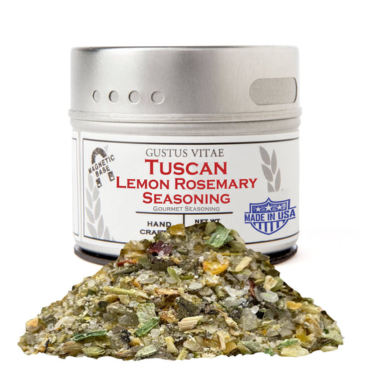 Gustus Vitae Tuscan Lemon Rosemary Seasoning jar with fresh herbs and lemon zest for gourmet cooking and flavor enhancement.