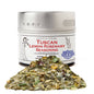 Gustus Vitae Tuscan Lemon Rosemary Seasoning jar with fresh herbs and lemon zest for gourmet cooking and flavor enhancement.