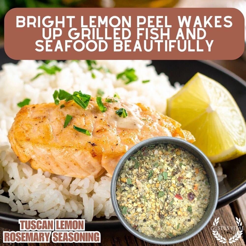 Gustus Vitae Tuscan Lemon Rosemary Seasoning jar, gourmet blend of lemon, rosemary, and herbs for flavorful cooking.