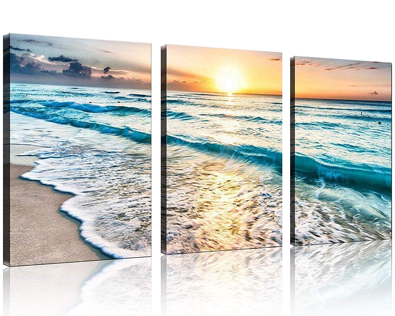 TutuBeer 3 Panel Canvas Wall Art for Home Decor Blue Sea Sunset White Beach Painting The Picture Print On Canvas Seascape The Pictures for Home Decor DecorationReady to Hang - BACKUPMYFILESNOW