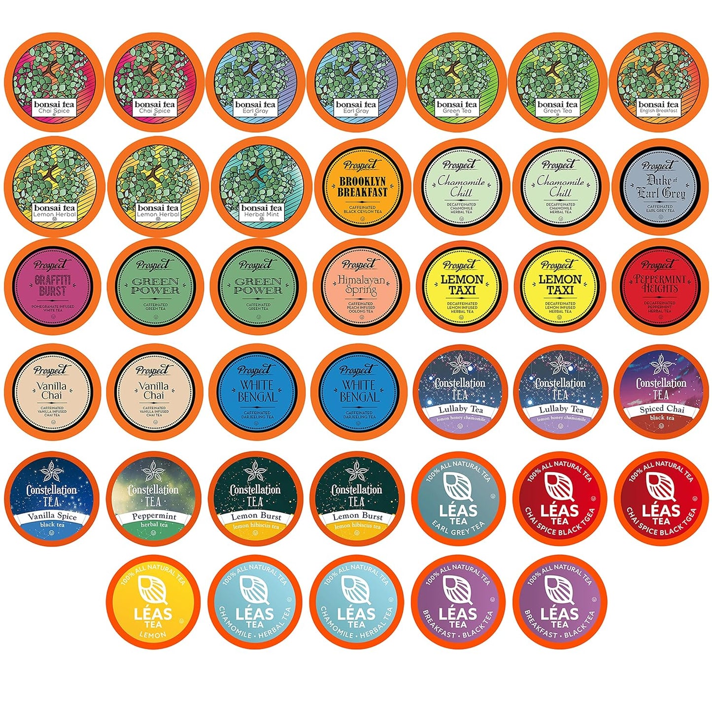Assorted tea sampler pack with 40 K-Cup pods from Two Rivers Coffee for Keurig K-Cup brewers, featuring a variety of tea flavors.