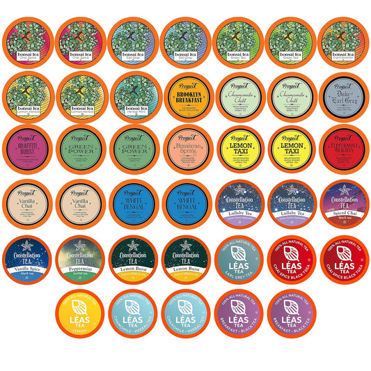 Assorted tea sampler pack with 40 K-Cup pods from Two Rivers Coffee for Keurig K-Cup brewers, featuring a variety of tea flavors.