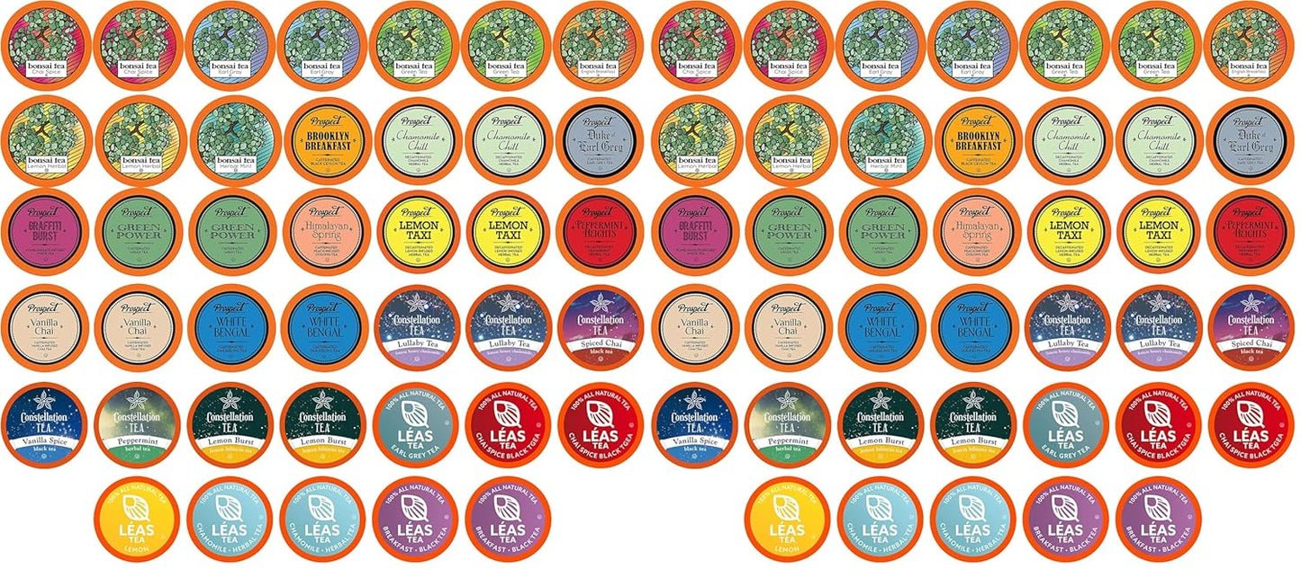 Two Rivers Coffee assorted tea sampler pack with 40 K-Cup pods for Keurig brewers, featuring a variety of tea flavors.