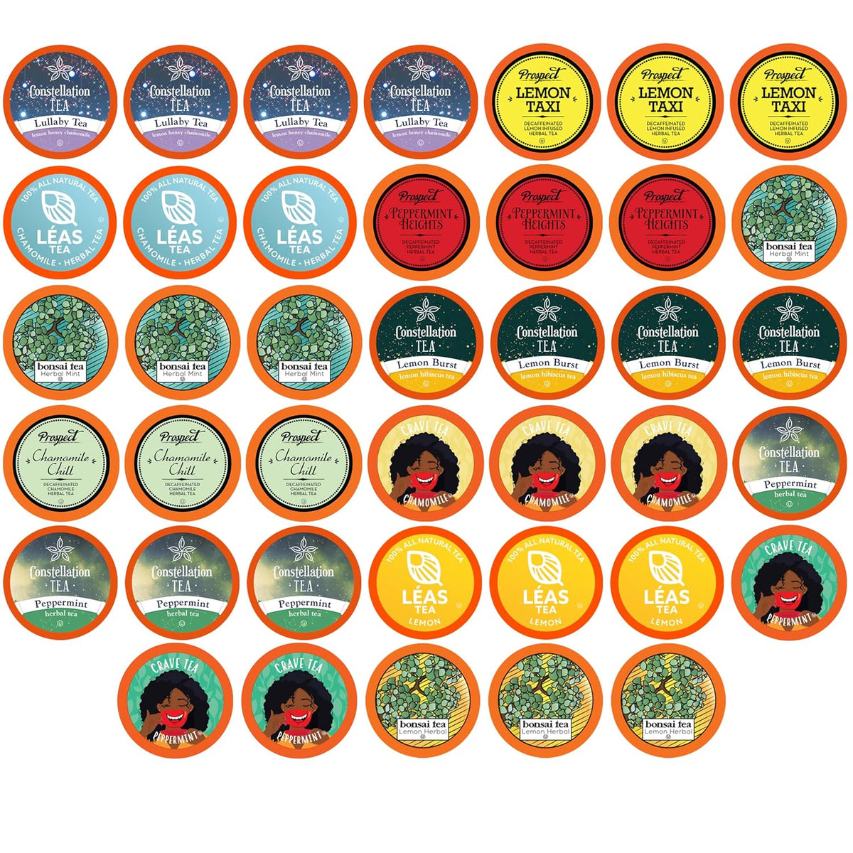 Two Rivers Coffee assorted tea sampler pack with 40 K-Cup pods for Keurig brewers, featuring a variety of tea flavors.