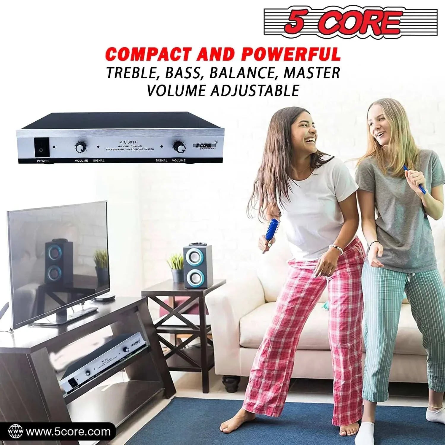 5Core Wireless Microphone System with VHF handheld mic, collar mic, and receiver, compact and powerful for clear audio and easy volume control