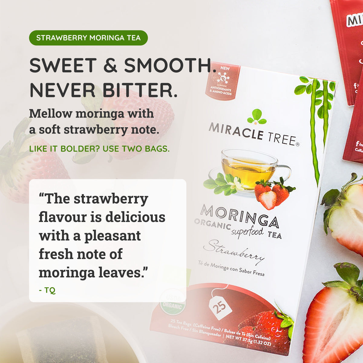 Organic Moringa Tea by Miracle Tree with strawberry flavor, caffeine-free herbal tea in a tea bag.
