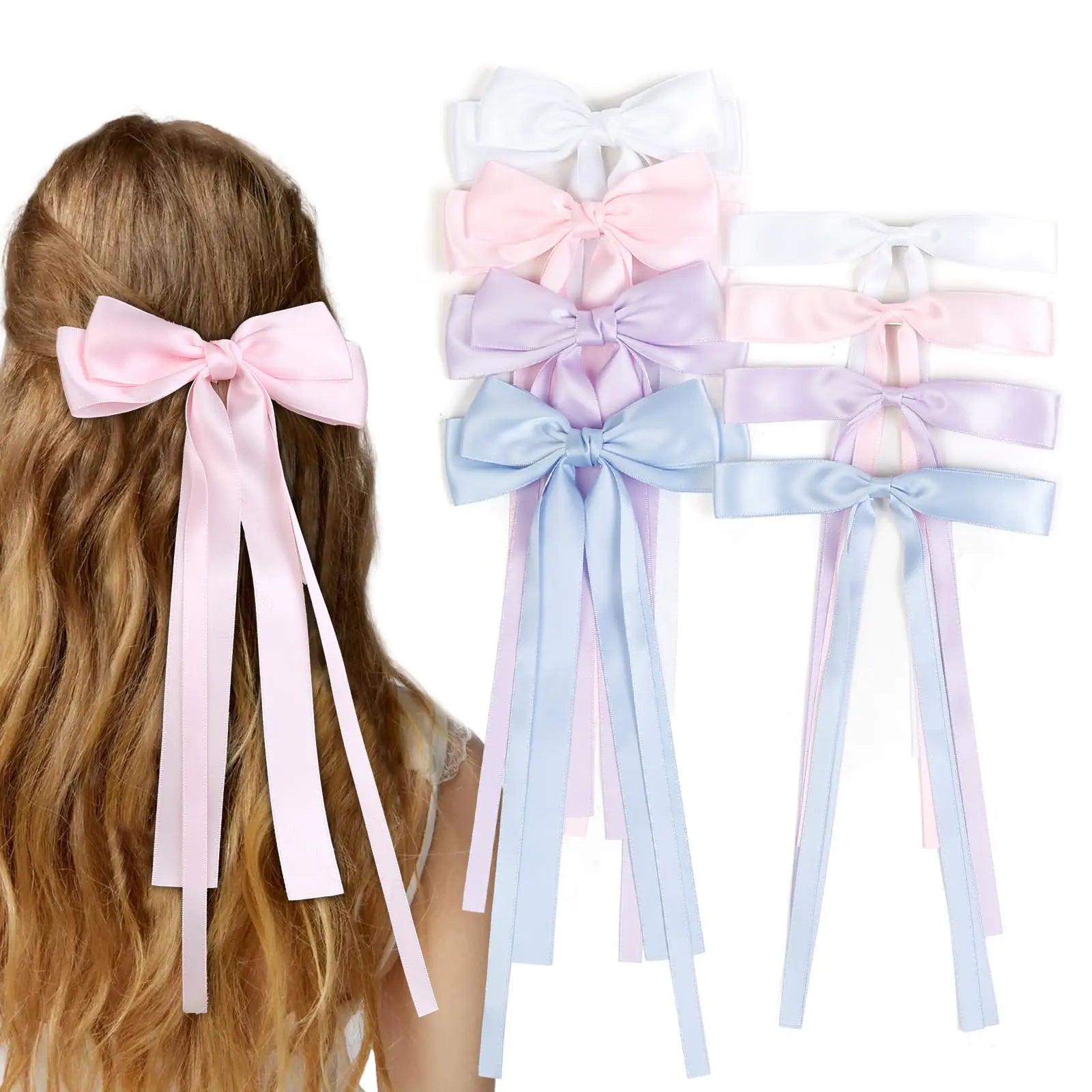 8PCS Silky Satin Hair Bows Hair Ribbon Hair Clips for Women Girls White Bow for Hair Pink Hair Bow Clip Long Ribbon Bow Hair Clips Aesthetic Bowknot Hair Accessories for Women Birthday Gifts