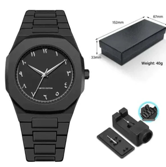 Black retro Arabic quartz watch with Arabic numerals and black metal band, displayed with packaging and adjustment tools.