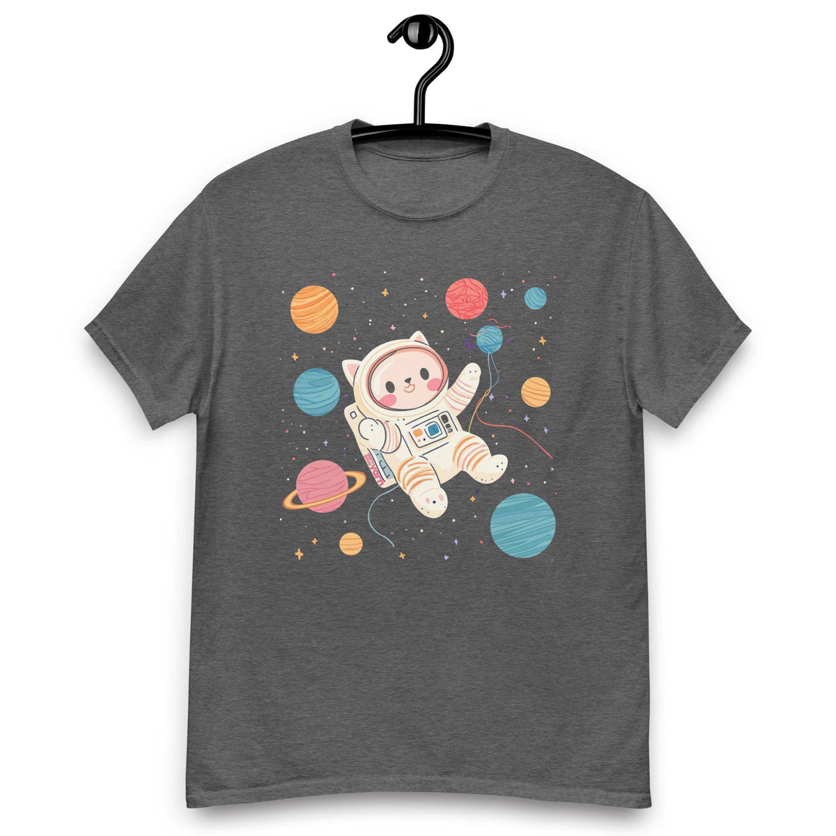 Darn Good Yarn Space Cat Yarn Explorer T-Shirt in dark heather, unisex classic fit with space-themed cat graphic on front.