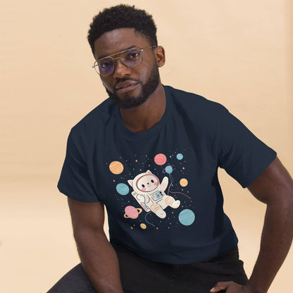 Navy Space Cat Yarn Explorer T-shirt by Darn Good Yarn, unisex classic fit with space cat graphic on front.