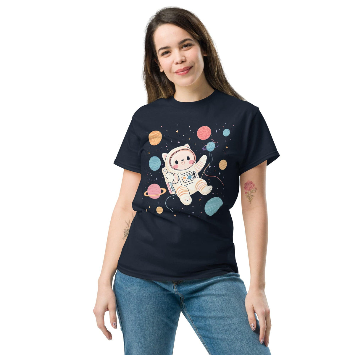 Navy Space Cat Yarn Explorer T-Shirt by Darn Good Yarn, unisex classic fit with space cat and yarn design on front.
