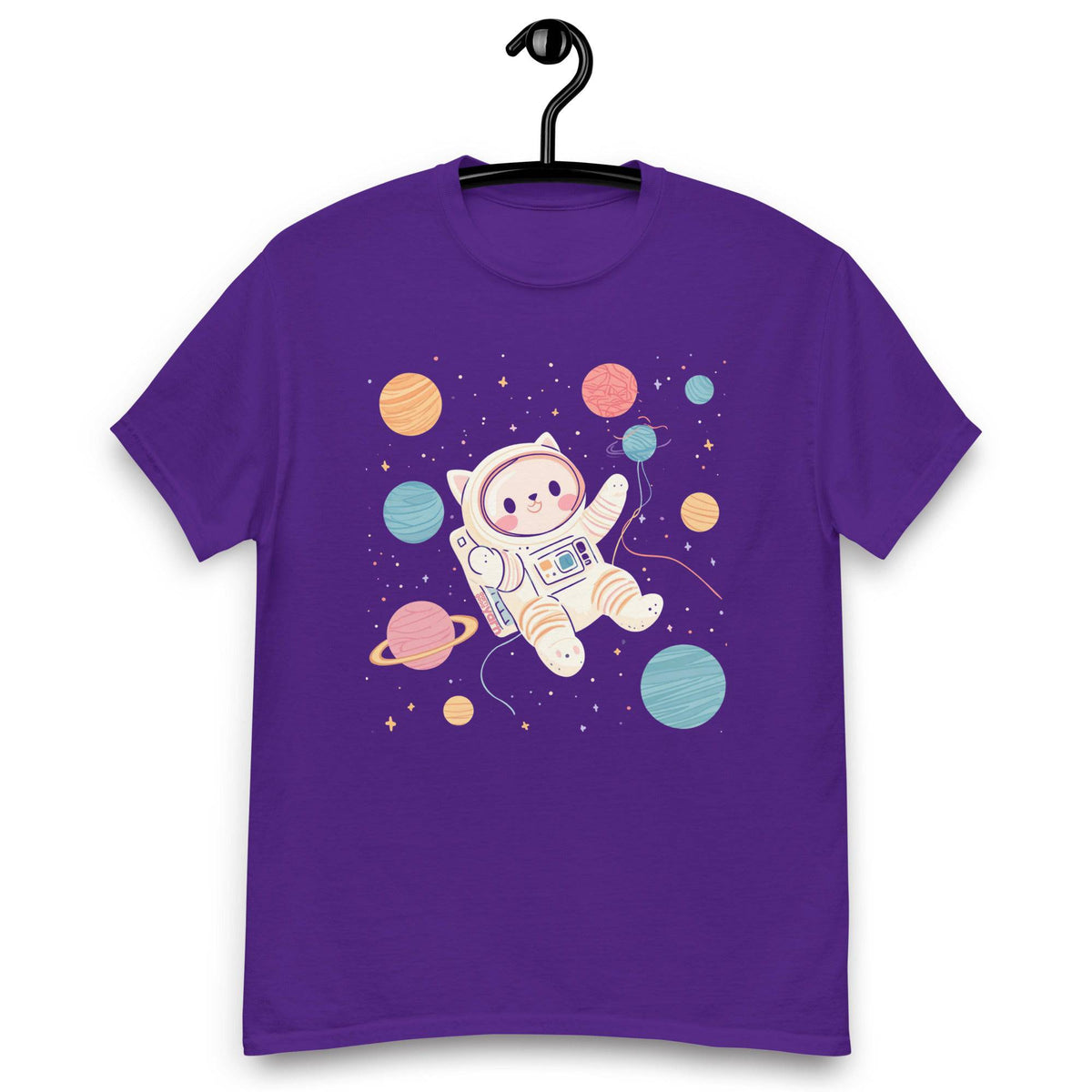 Unisex purple Space Cat Yarn Explorer T-Shirt by Darn Good Yarn featuring a space-themed cat design on the front.