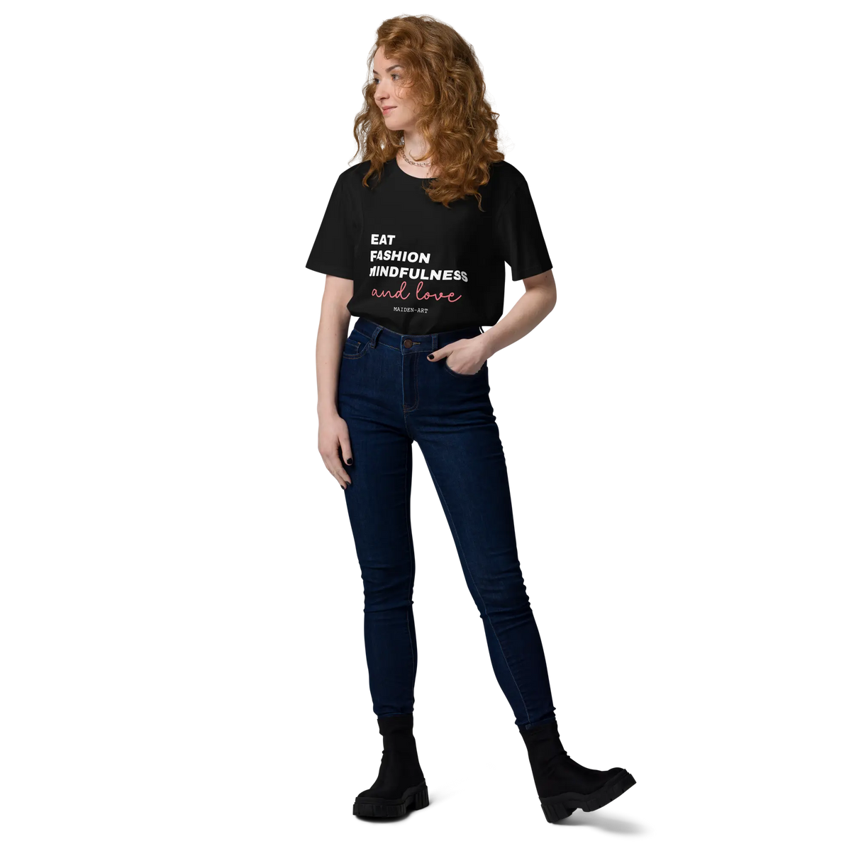 Black unisex organic cotton t-shirt by Maiden-Art featuring "Eat, Fashion, Mindfulness and Love" printed front.