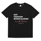 Black unisex organic cotton t-shirt from Maiden-Art featuring the "Eat, Fashion Mindfulness and Love" design on the front.