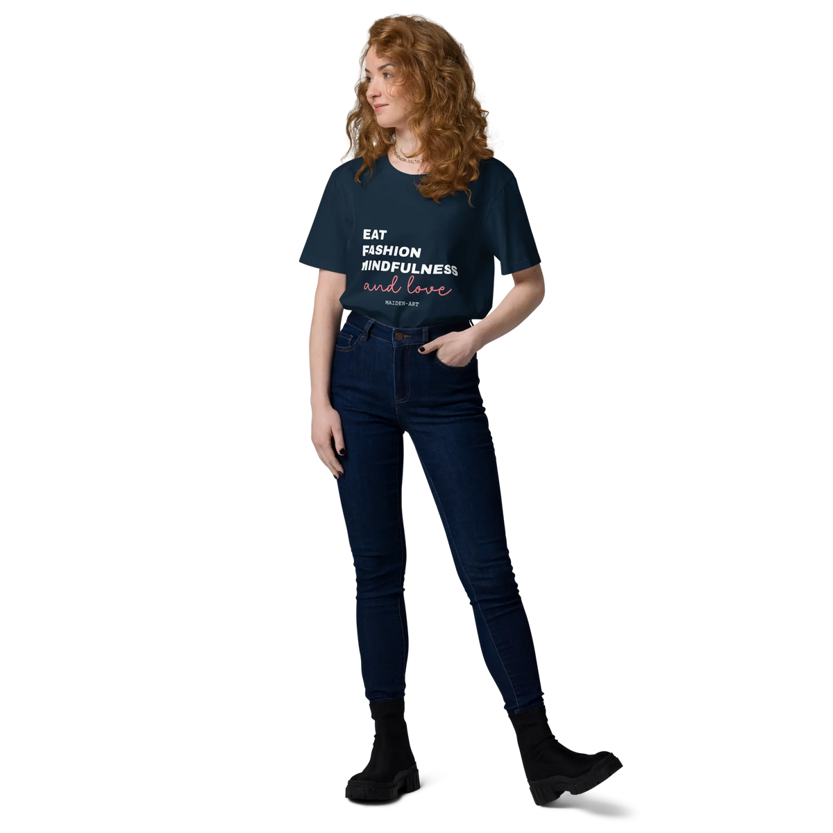 Unisex organic cotton t-shirt in French navy with "Eat, Fashion Mindfulness and Love" printed front, by Maiden-Art.