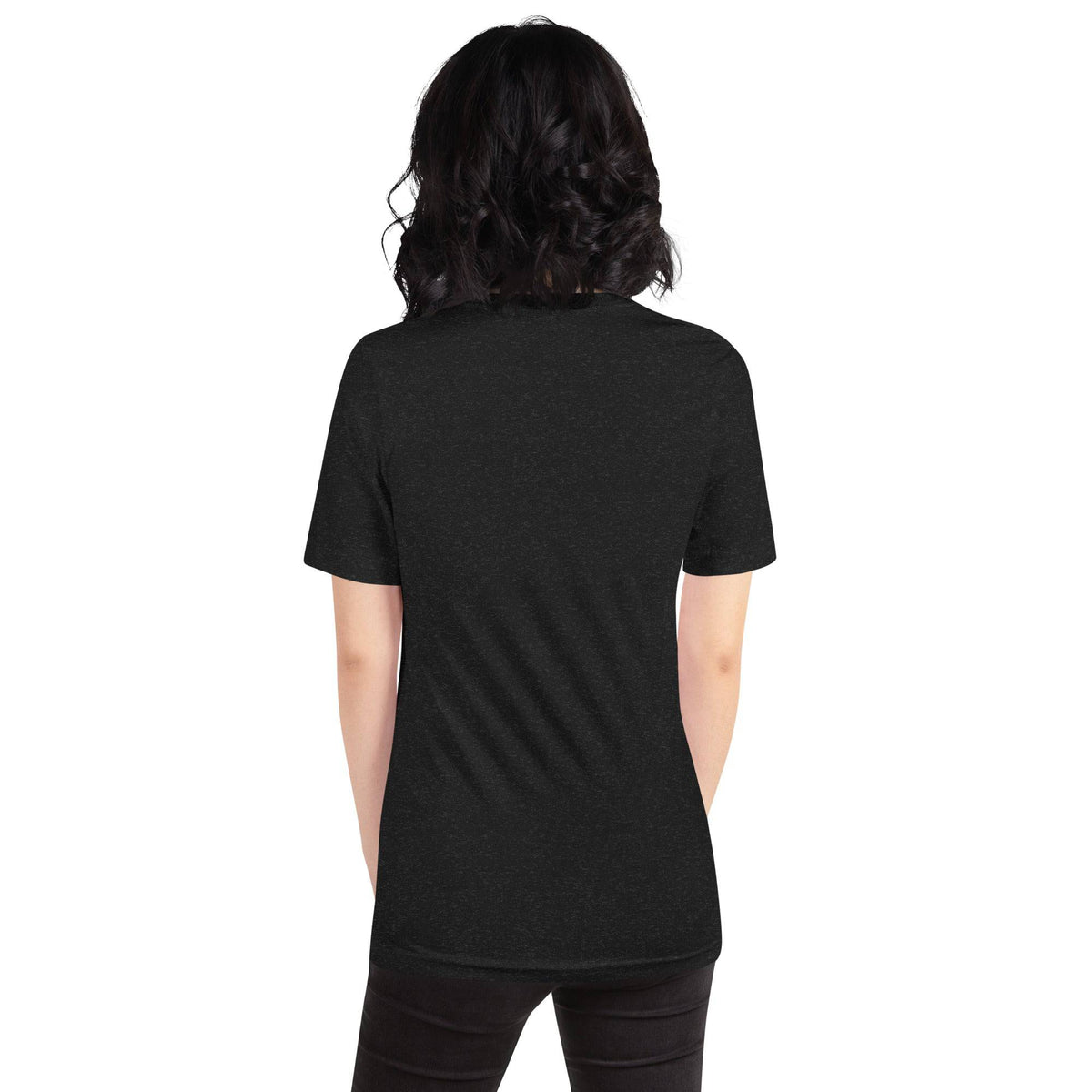 Black Heather unisex T-shirt from Darn Good Yarn with "Yarn is My Love Language" text on the back.