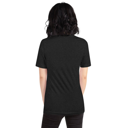 Black Heather unisex T-shirt from Darn Good Yarn with "Yarn is My Love Language" text on the back.