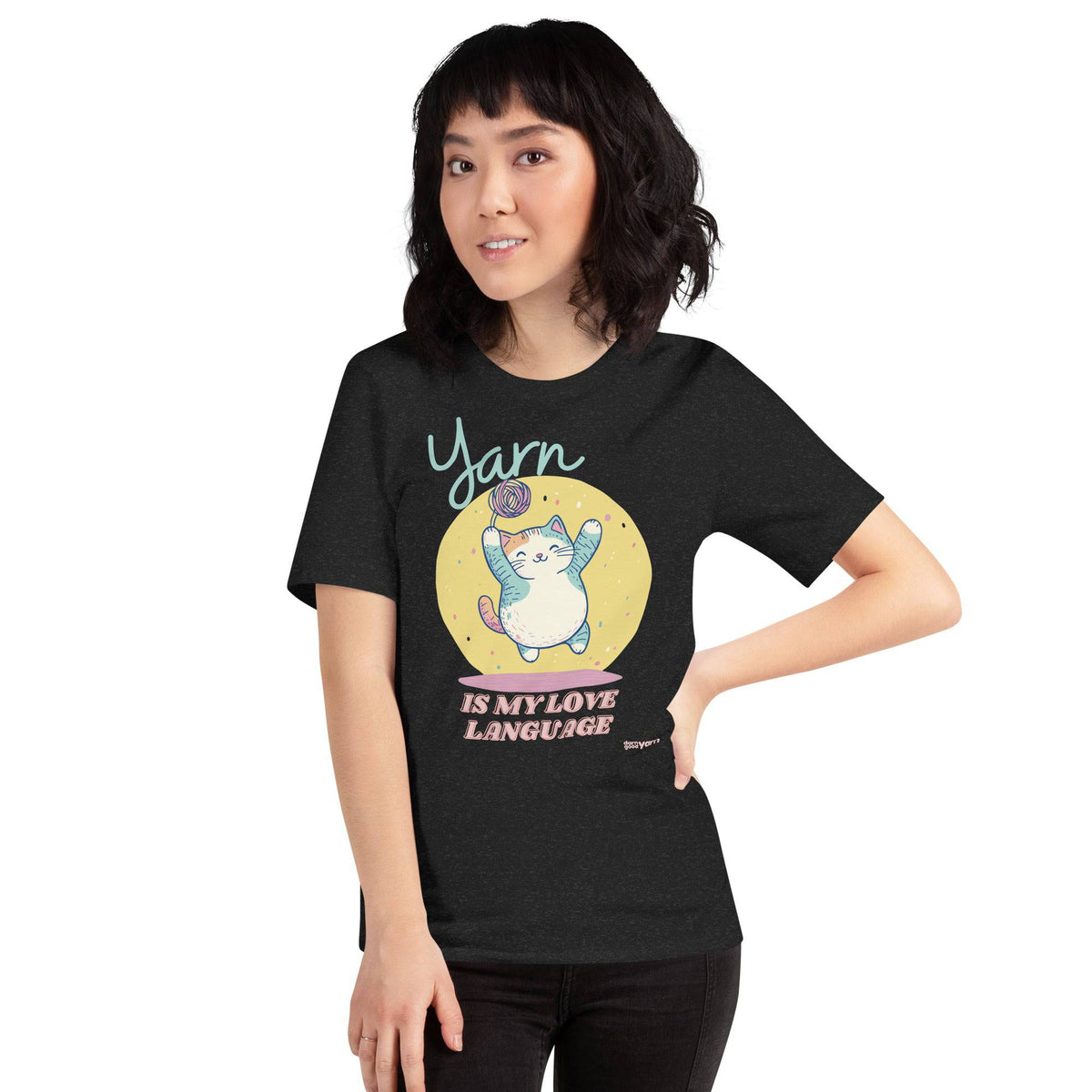 Black Heather unisex T-shirt from Darn Good Yarn with "Yarn is My Love Language" slogan on the front.