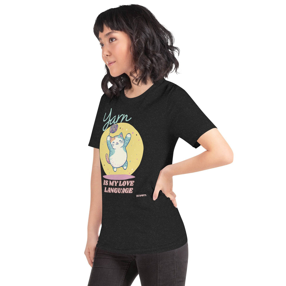 Black Heather unisex T-shirt from Darn Good Yarn featuring "Yarn is My Love Language" text on the front.