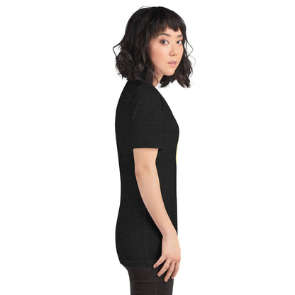 Unisex black Heather T-shirt from Darn Good Yarn with "Yarn is My Love Language" text, casual and comfortable for everyday wear.