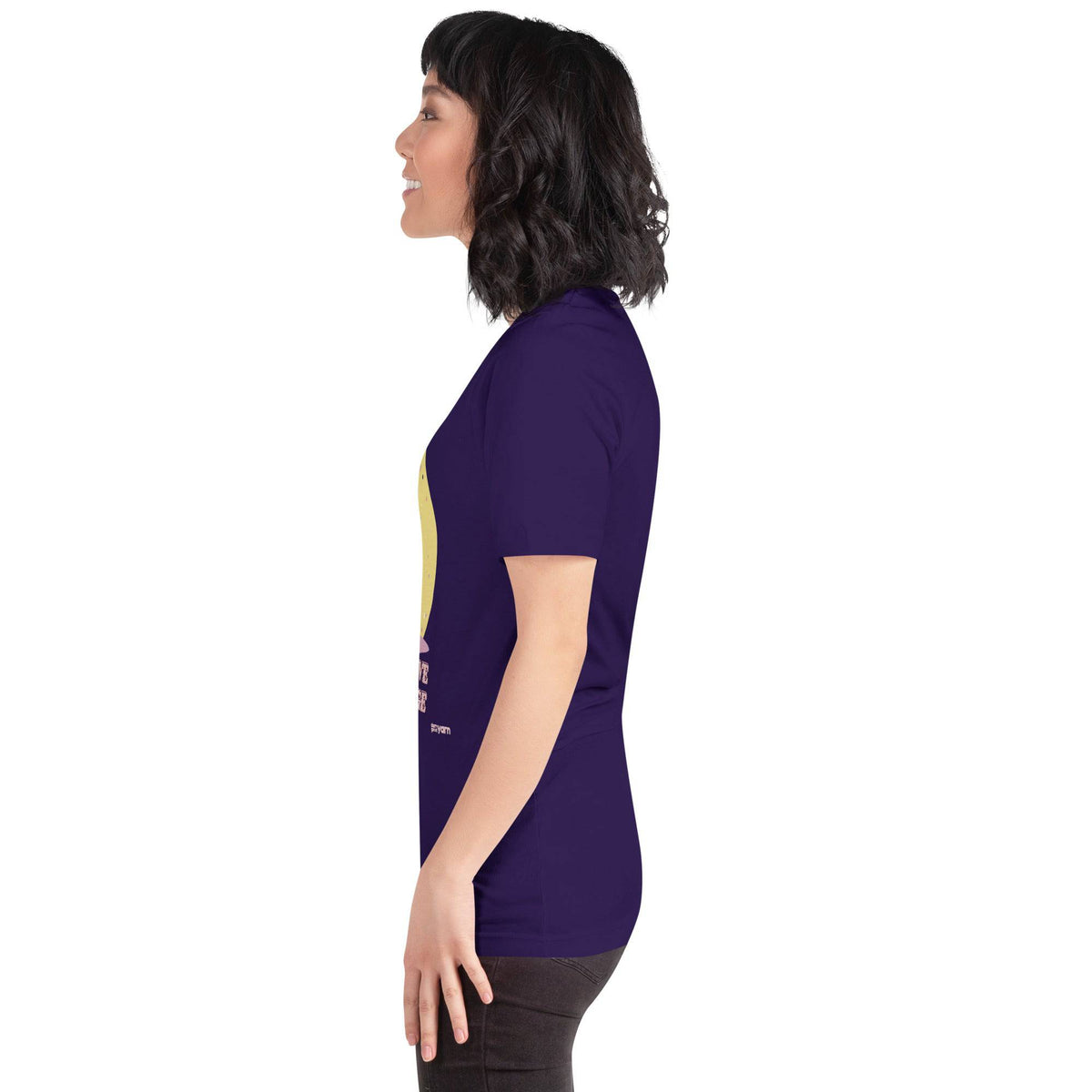 Unisex purple T-shirt from Darn Good Yarn with "Yarn is My Love Language" slogan, casual crew neck style.