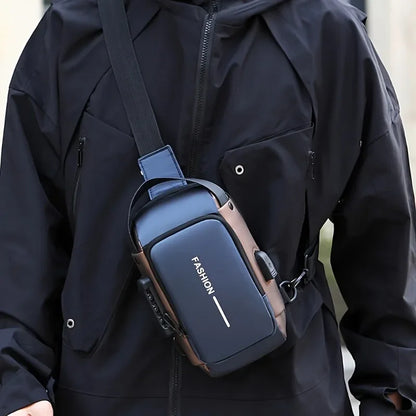 Gray Oxford fabric men's sling bag with zip closure, phone pocket, and stylish motorcycle crossbody design for daily commute.