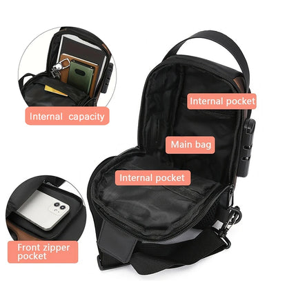 Gray Oxford fabric men's sling bag with phone pocket, zip closure, stylish motorcycle crossbody design for daily commute.