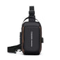 Gray Oxford fabric men's sling bag with gold accents, featuring a phone pocket and zip closure, ideal for daily commute and motorcycle riding.