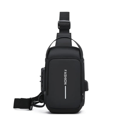 Grey Oxford fabric men's sling bag with a phone pocket and zip closure, designed for motorcycle crossbody use and daily commuting.