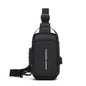Grey Oxford fabric men's sling bag with a phone pocket and zip closure, designed for motorcycle crossbody use and daily commuting.
