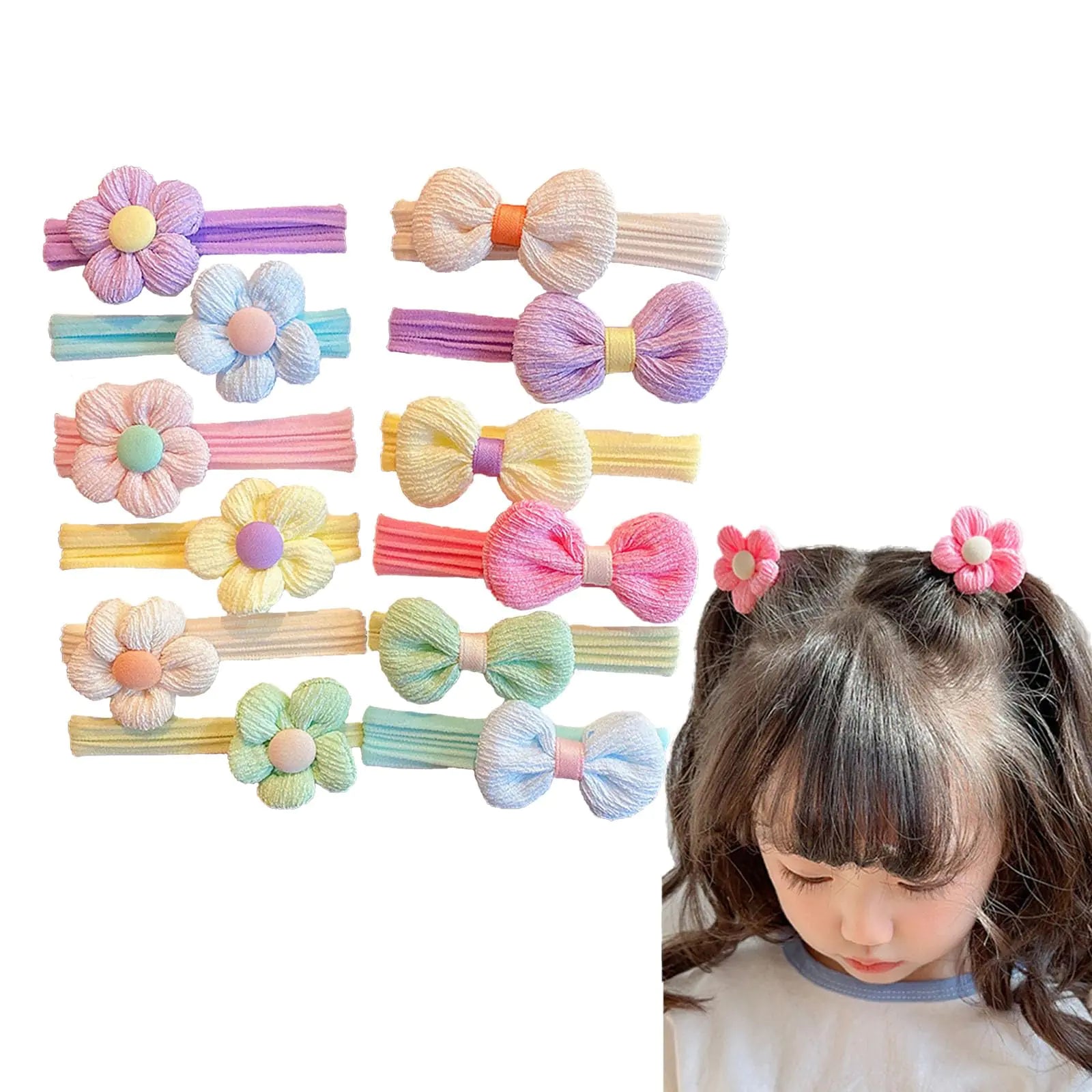 12PCS Little Girls Hair Ties Cute Bow Hair Ties Sweet Flowers Elastic Hair Ties Soft Ponytail Holder Hair Ropes Candy Colors Hair Ties with Bows Girls Hair Accessories