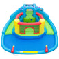Colorful dinosaur-themed inflatable water slide and bounce house for kids, featuring vibrant cartoon dinosaur designs and playful features.