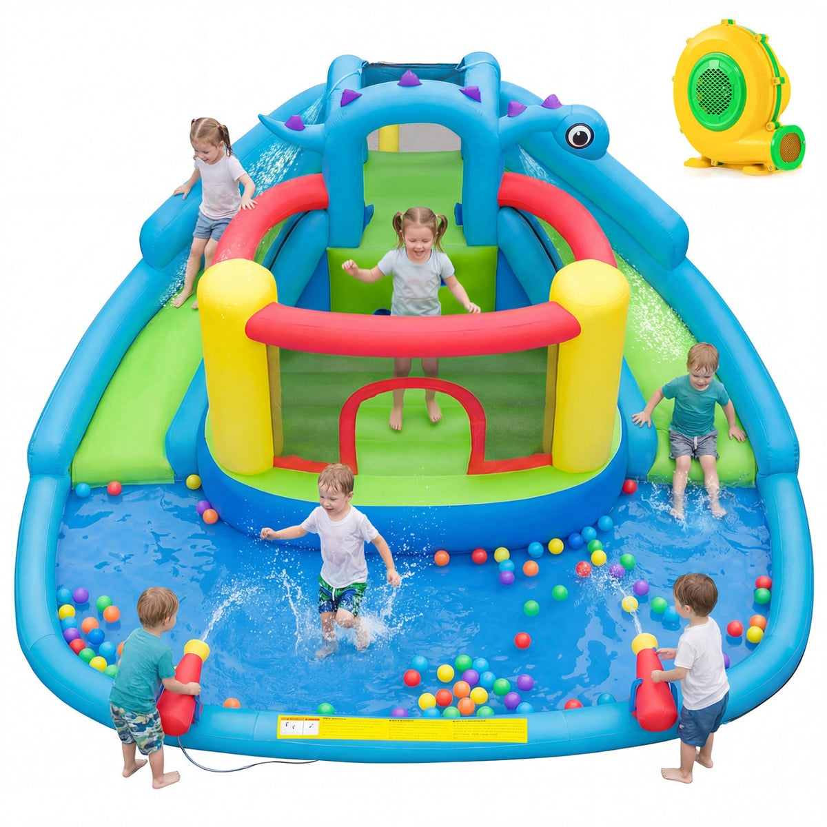 Dinosaur-themed inflatable water slide and bounce house for kids, featuring colorful dinosaur designs and large sliding area.