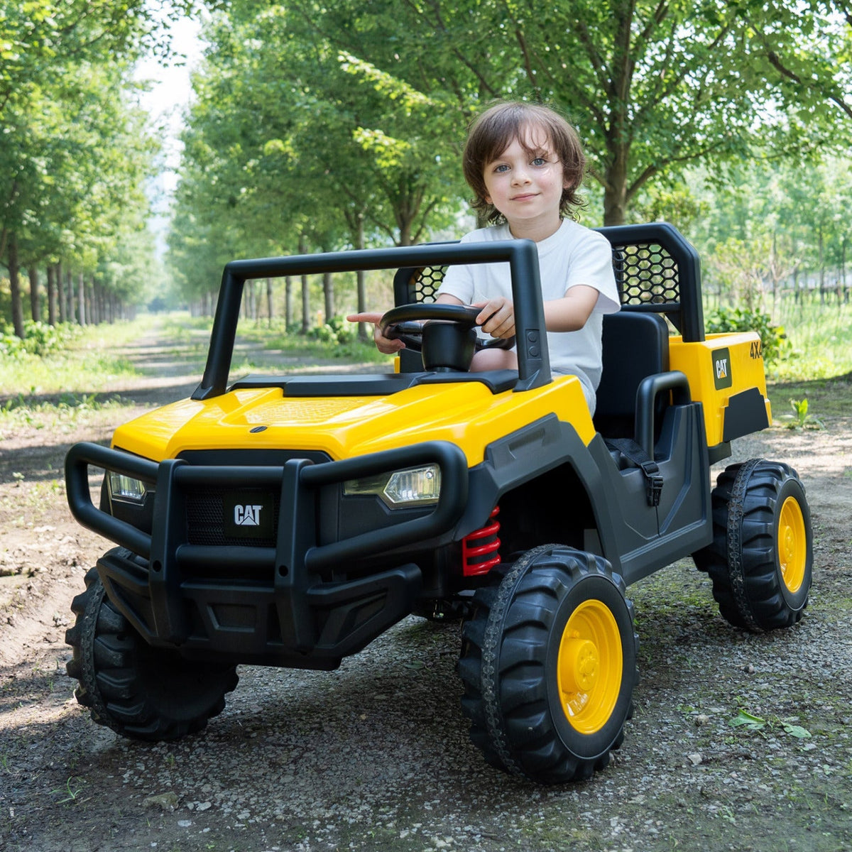 Yellow 24V ride-on dump truck toy for kids, two-seater with remote control, featuring a durable design and realistic truck details.