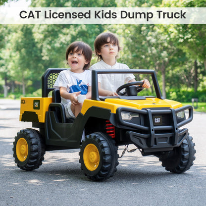 Yellow 24V ride-on dump truck toy with two seats and remote control by GBruno Store, designed for kids' outdoor play.