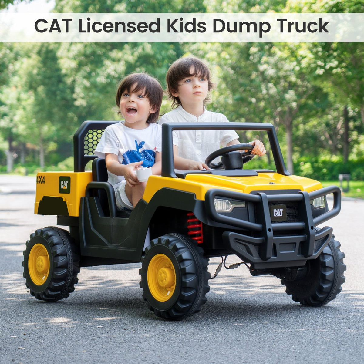 Yellow 24V ride-on dump truck for kids with two seats and remote control, featuring a durable design and realistic construction.