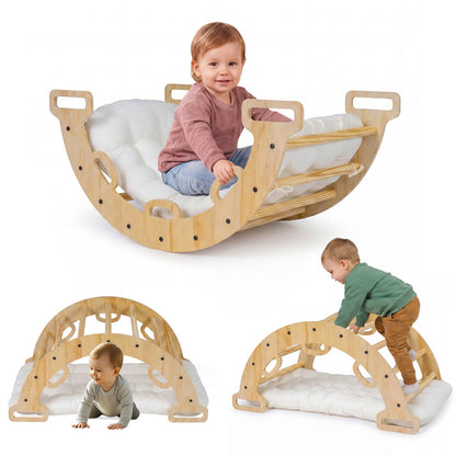 Wooden rocking climbing arch with cushion, 3-in-1 Montessori toy for toddlers, made by GBruno Store.