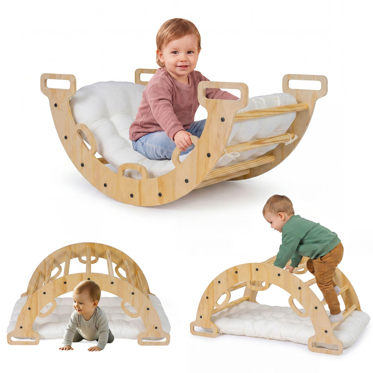 Wooden rocking climbing arch with cushion, 3-in-1 Montessori climbing toy by GBruno Store for safe indoor play and development.
