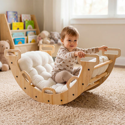 Wooden rocking climbing arch with cushion, 3-in-1 Montessori climbing toy for children, by GBruno Store.