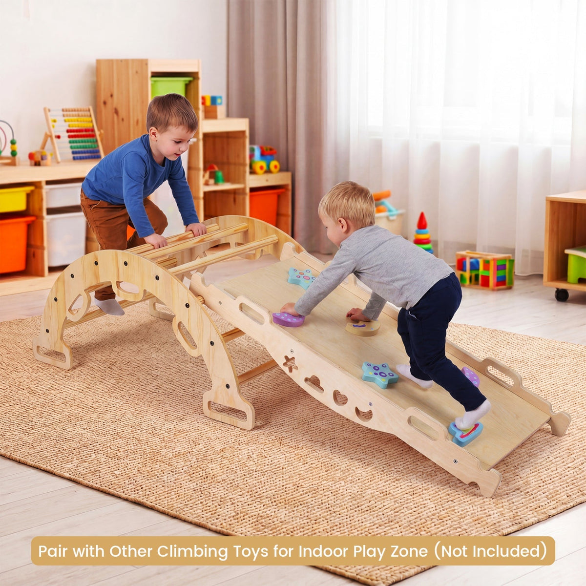 Wooden rocking climbing arch with cushion, 3-in-1 Montessori toy for toddlers, from GBruno Store, designed for safe climbing play.
