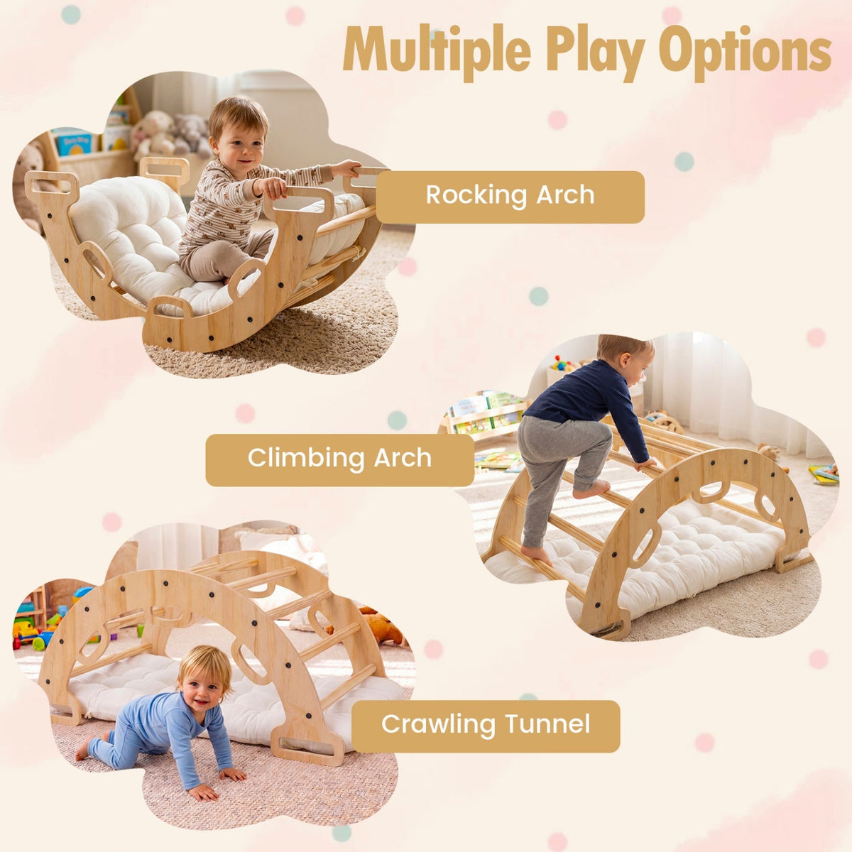 Wooden rocking climbing arch with cushion for kids, 3-in-1 Montessori climbing toy from GBruno Store, designed for safe indoor play.