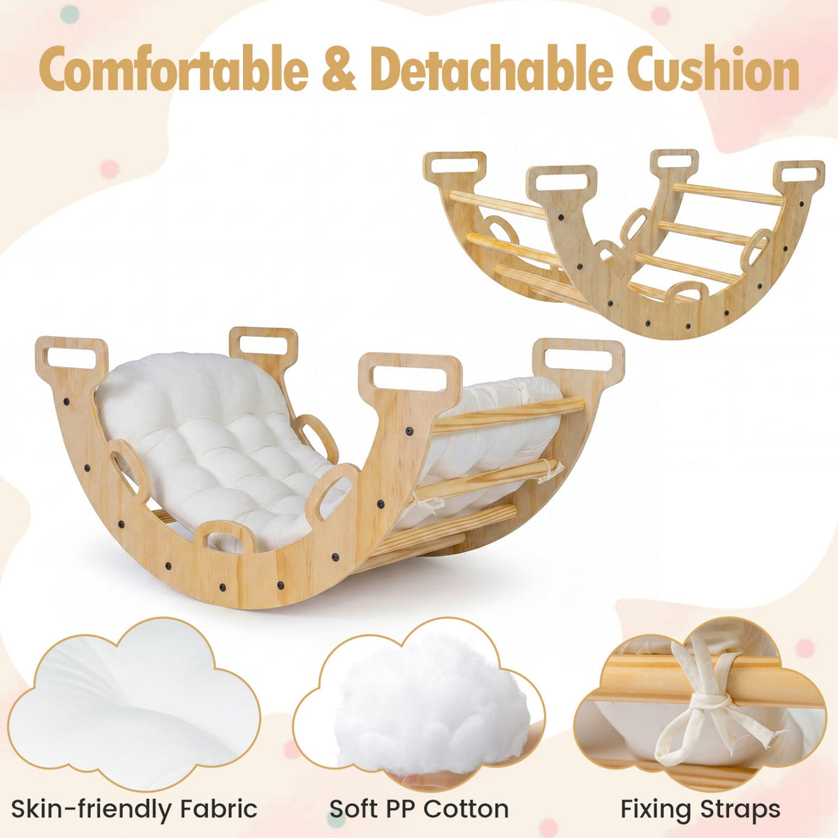 Wooden rocking climbing arch with cushion, 3-in-1 Montessori climbing toy for kids, by GBruno Store