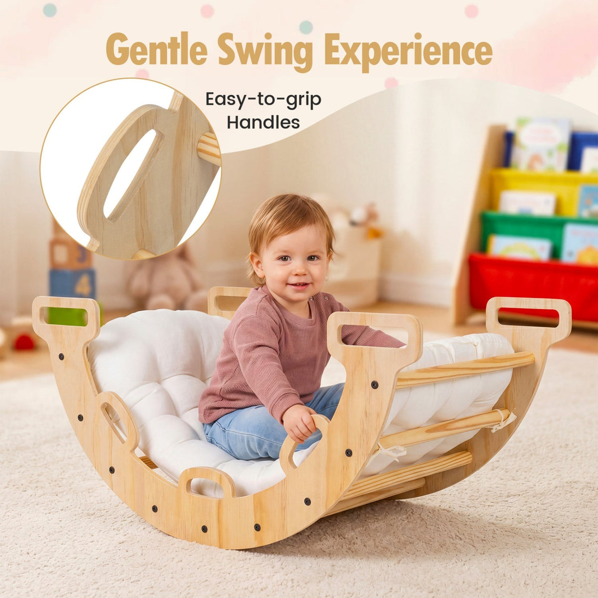 Wooden rocking climbing arch with cushion, 3-in-1 Montessori climbing toy for kids, by GBruno Store.