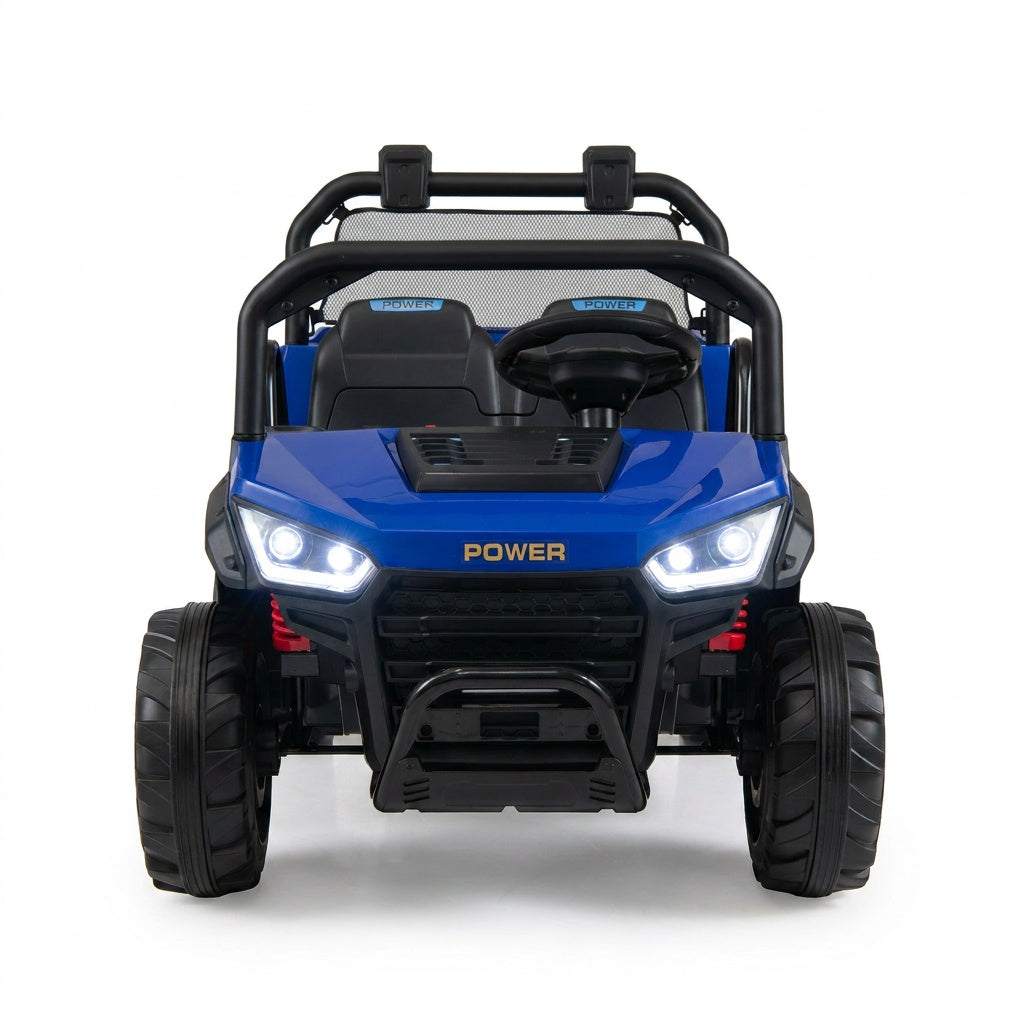 Two kids riding a 24V GBruno Store ride-on dump truck with electric dump bed, designed for children’s outdoor play and fun.