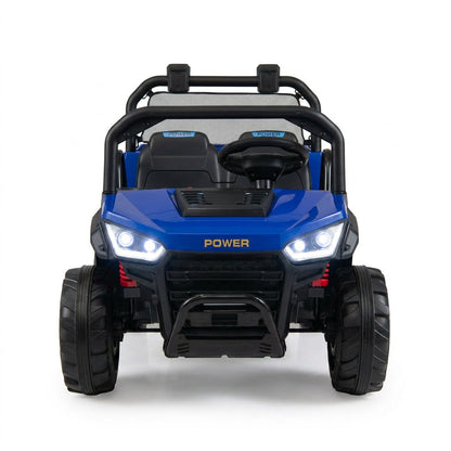 Two kids riding a 24V GBruno Store ride-on dump truck with electric dump bed, designed for children’s outdoor play and fun.