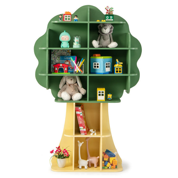Kids furniture set with table, chairs, and a tree-shaped bookshelf organizer, designed for children’s play and learning.