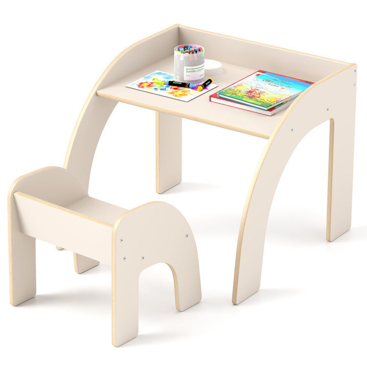 Kids furniture set with a wooden table, chairs, and a tree-shaped bookshelf organizer for children.