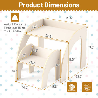 Kids furniture set with a table, chairs, and a tree-shaped bookshelf organizer in bright, colorful design for children.